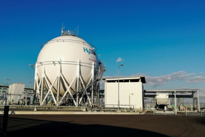 A picture taken in October 2020 shows a tank containing liquid hydrogen at Kobe Port Island plant