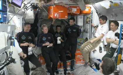 This screen grab from a NASA+ broadcast on June 26, 2025, shows the Axiom Mission 4 crew inside the International Space Station's Harmony module shortly after docking aboard the SpaceX Dragon spacecraft - HANDOUT (AFP)