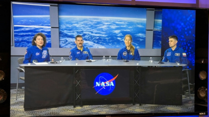 The four-member Crew-12 set to blast off to the International Space Station are (L to R) NASA astronauts Jessica Meir and Jack Hathaway, European Space Agency astronaut Sophie Adenot, and Roscosmos cosmonaut Andrey Fedyaev - Moisés ÁVILA (AFP)